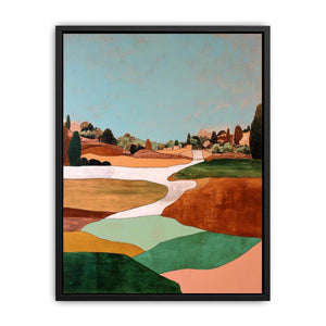 Countryside landscape artwork with winding path and earthy green tones for modern interiors