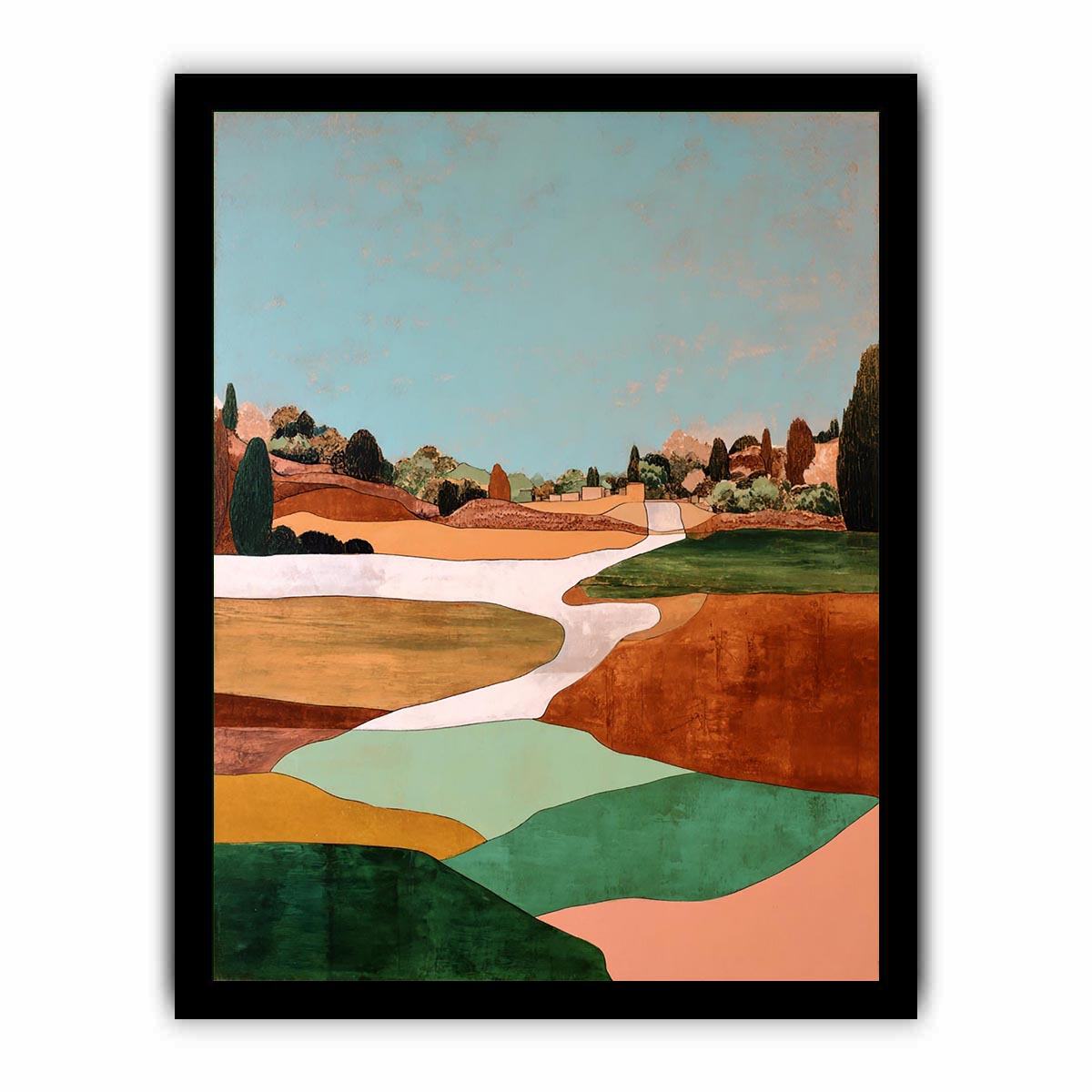 Countryside landscape artwork with winding path and earthy green tones for modern interiors