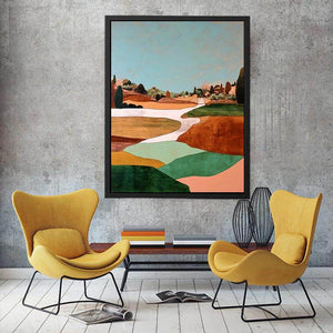 Countryside landscape artwork with winding path and earthy green tones for modern interiors