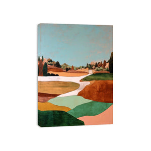 Countryside landscape artwork with winding path and earthy green tones for modern interiors