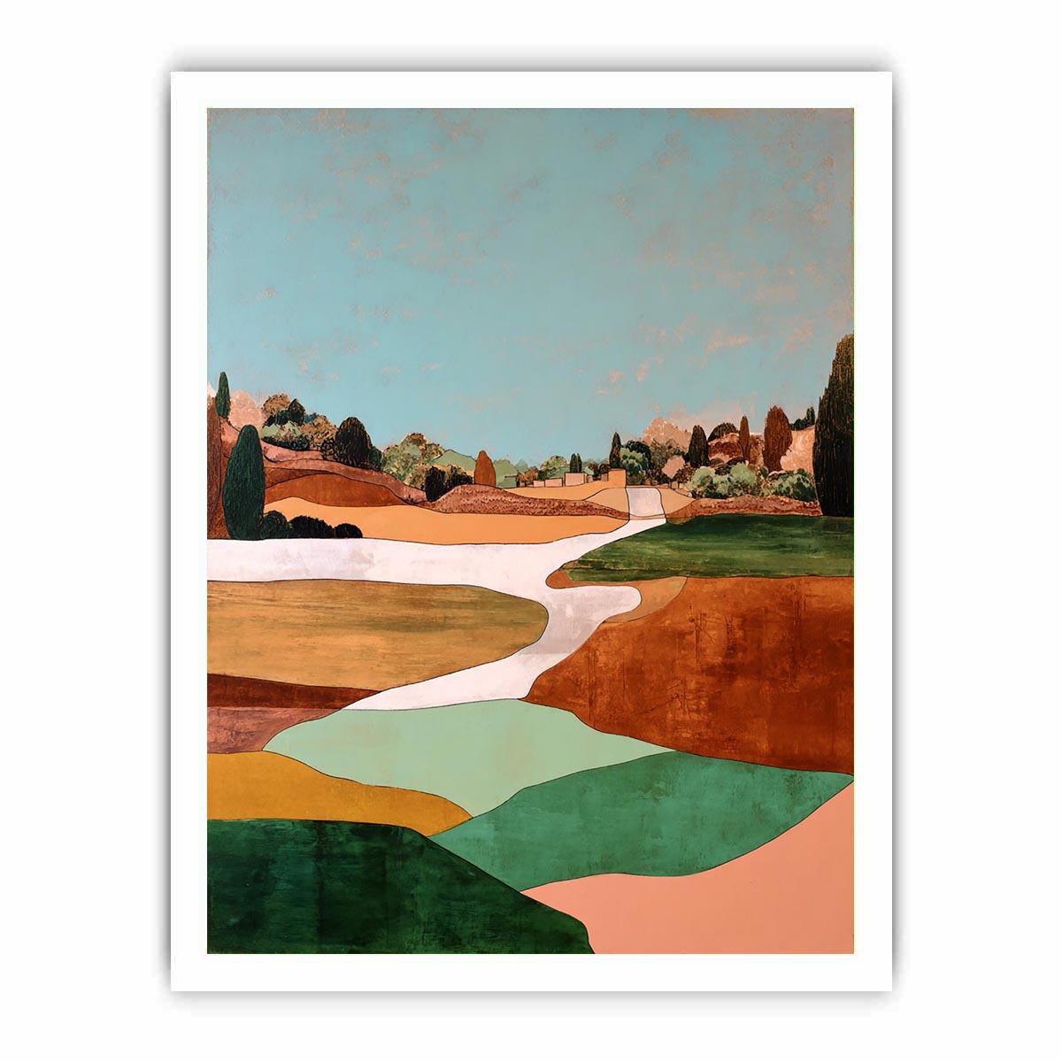 Countryside landscape artwork with winding path and earthy green tones for modern interiors