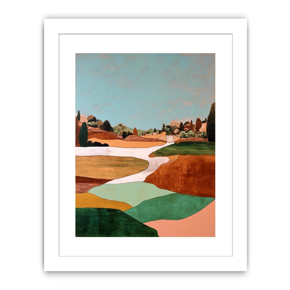 Countryside landscape artwork with winding path and earthy green tones for modern interiors
