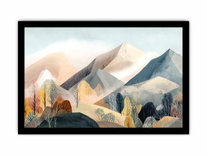 Watercolor mountain landscape artwork with soft trees for serene bedroom decor