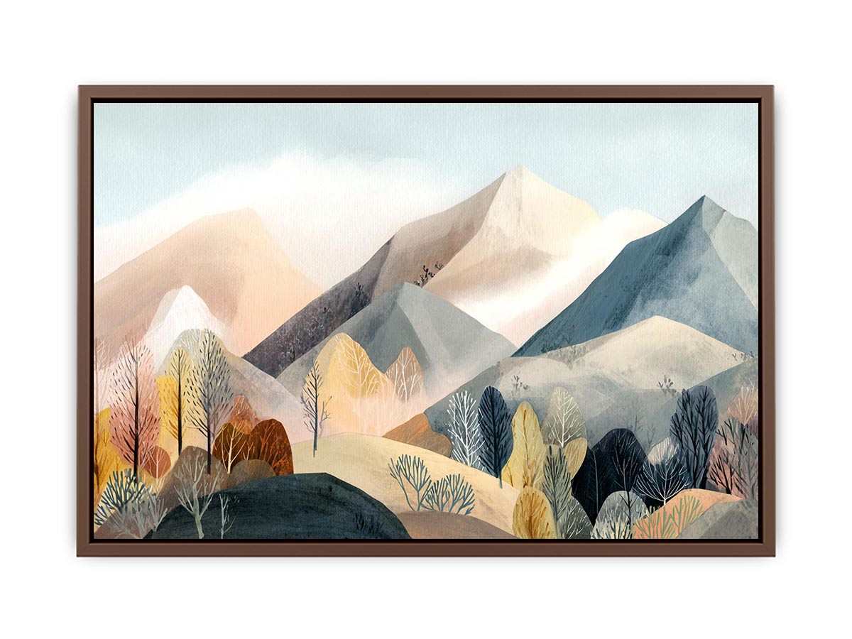 Watercolor mountain landscape artwork with soft trees for serene bedroom decor