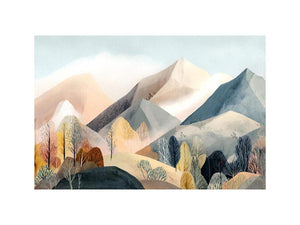 Watercolor mountain landscape artwork with soft trees for serene bedroom decor