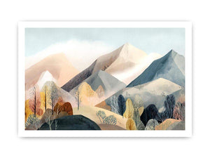 Watercolor mountain landscape artwork with soft trees for serene bedroom decor