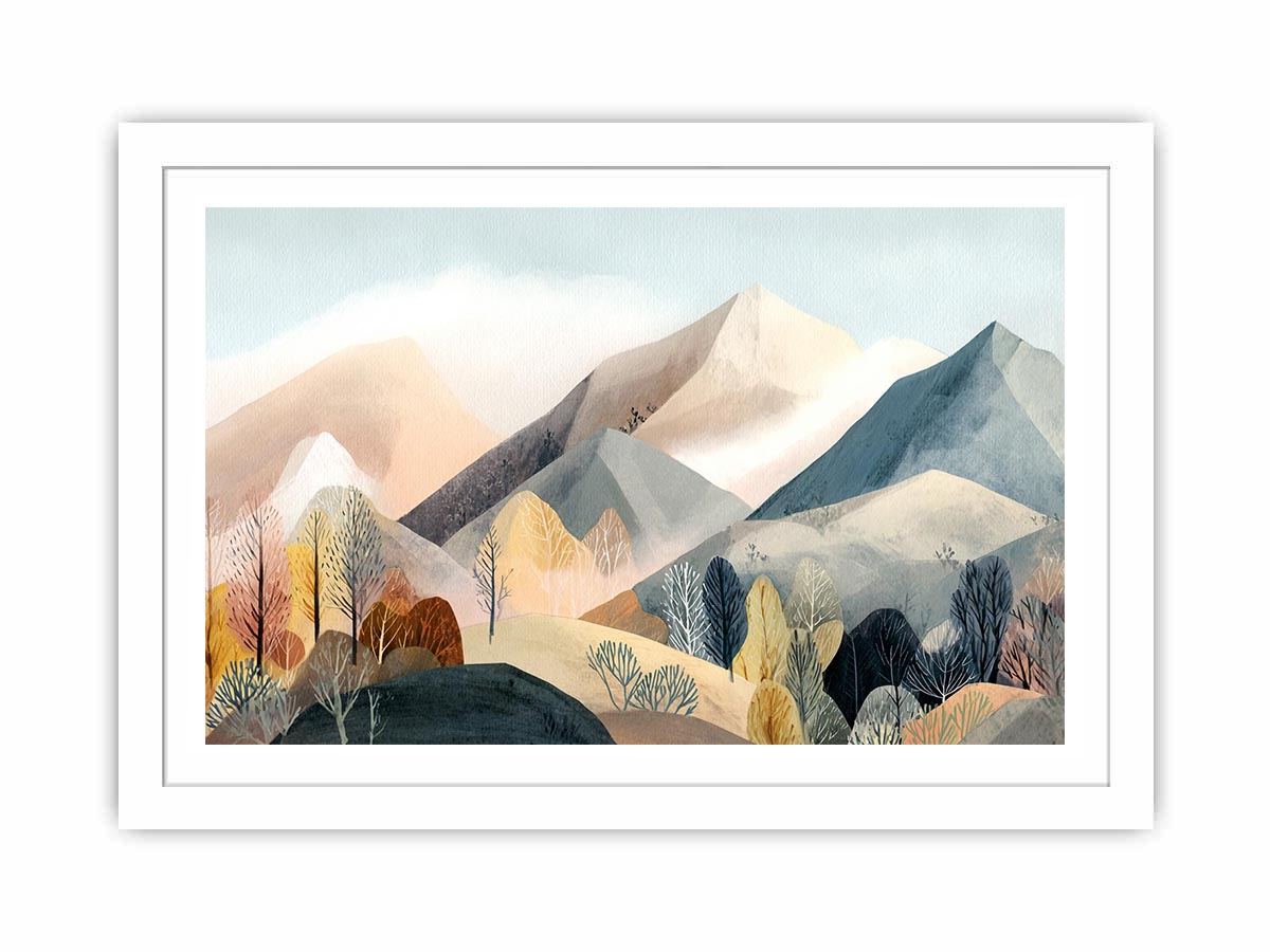 Watercolor mountain landscape artwork with soft trees for serene bedroom decor