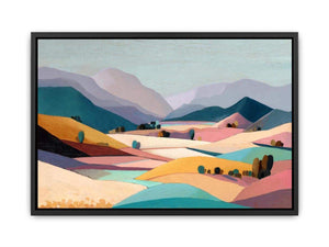Pastel mountain valley landscape canvas art for serene bedroom and living room decor
