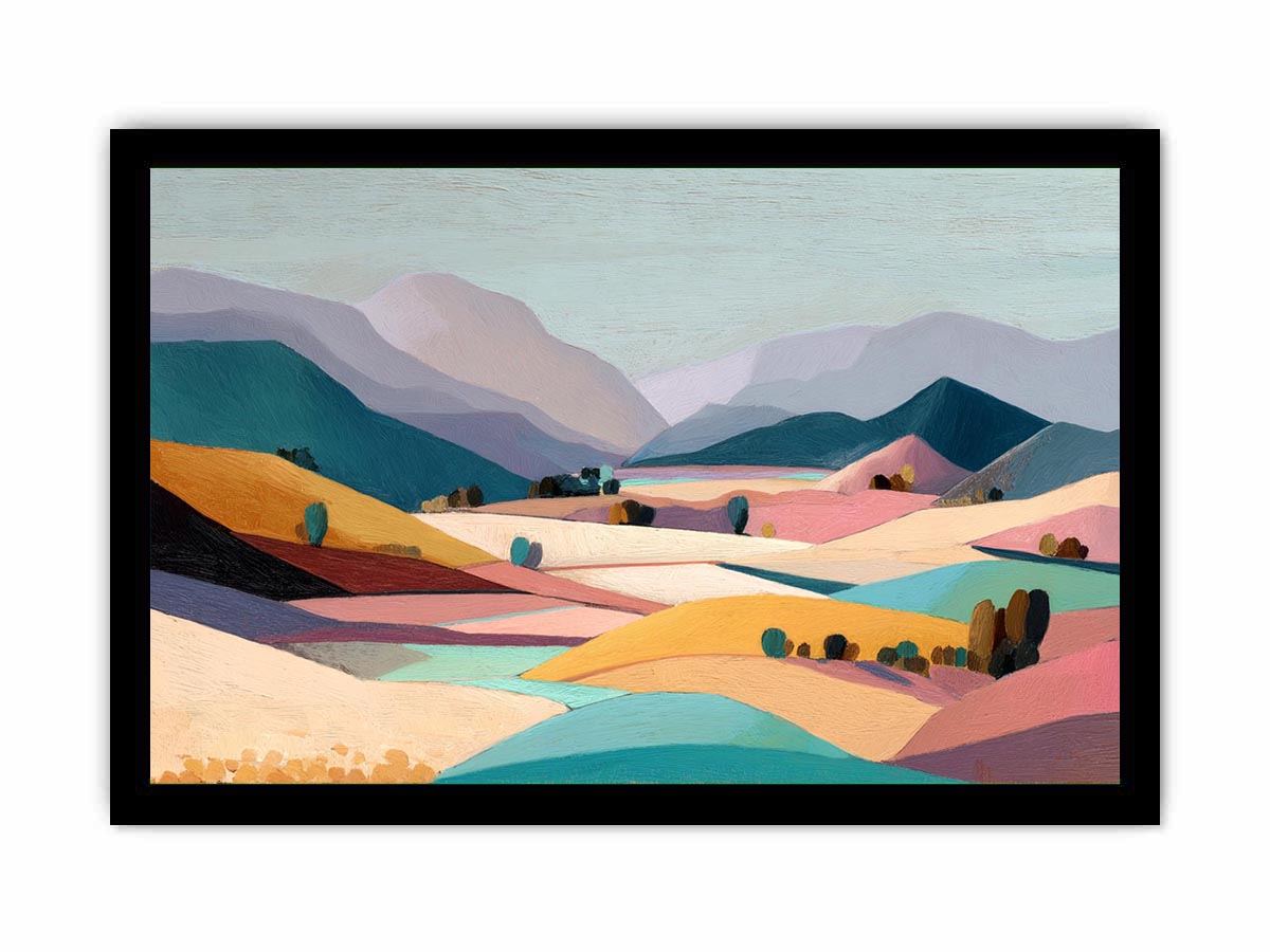 Pastel mountain valley landscape canvas art for serene bedroom and living room decor