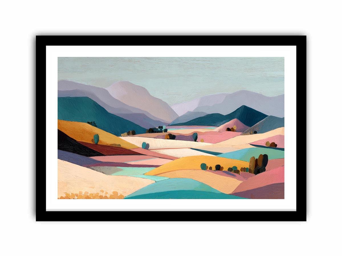 Pastel mountain valley landscape canvas art for serene bedroom and living room decor