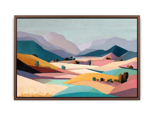 Pastel mountain valley landscape canvas art for serene bedroom and living room decor