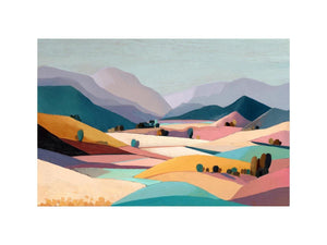 Pastel mountain valley landscape canvas art for serene bedroom and living room decor