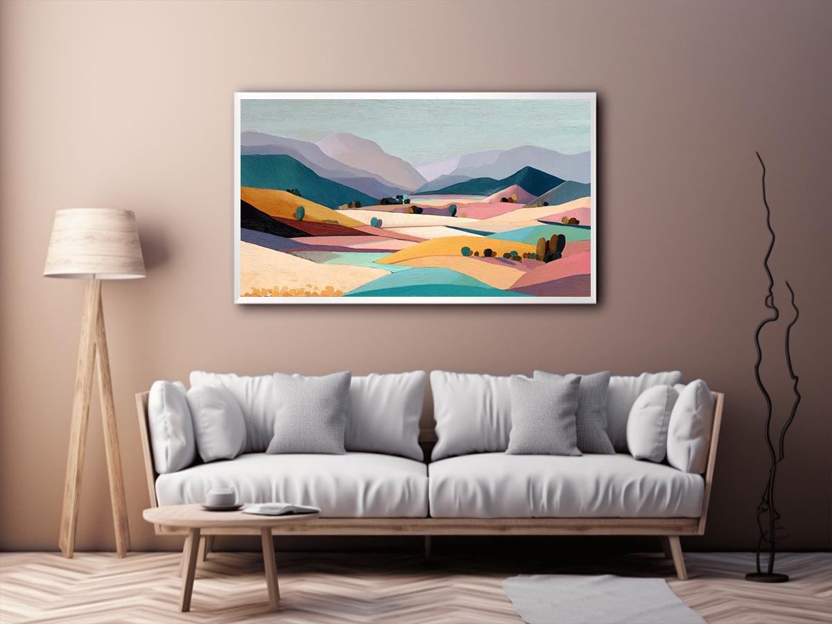 Pastel mountain valley landscape canvas art for serene bedroom and living room decor