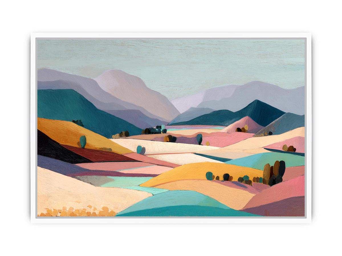Pastel mountain valley landscape canvas art for serene bedroom and living room decor