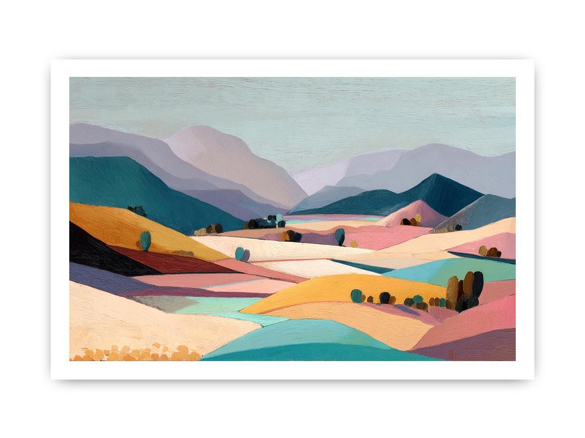 Pastel mountain valley landscape canvas art for serene bedroom and living room decor