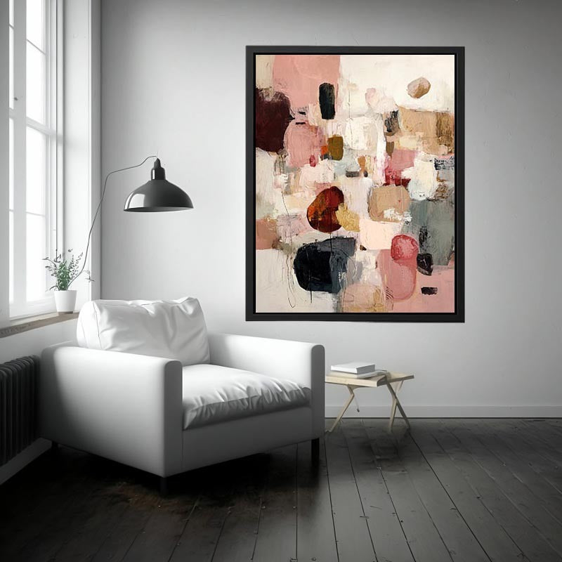 Abstract blush and neutral geometric canvas art for modern living room decor
