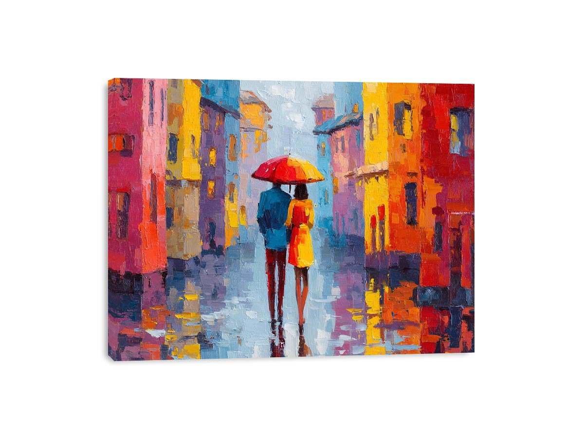 Colorful city couple with umbrella canvas art for modern interiors