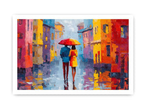 Colorful city couple with umbrella canvas art for modern interiors