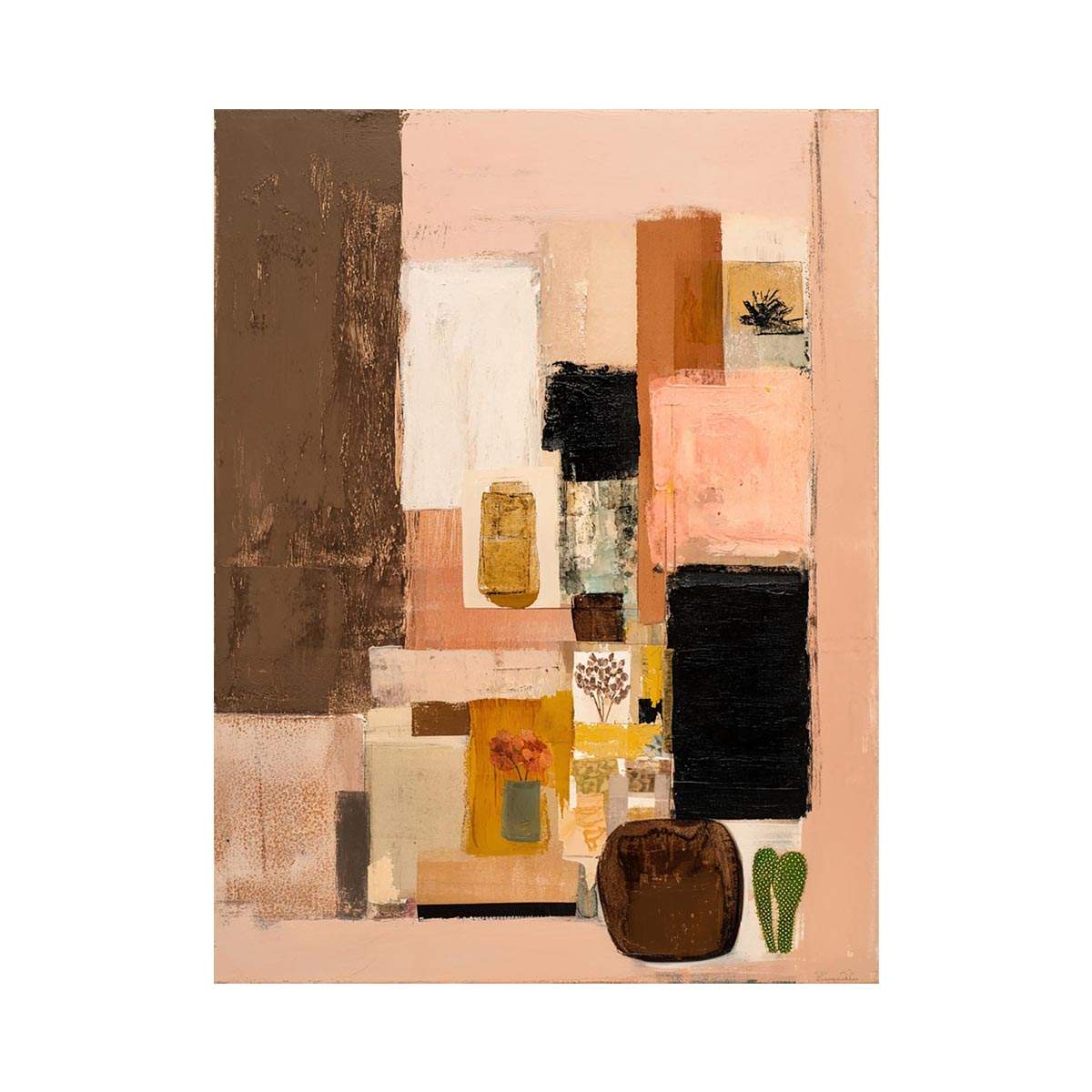Earthy abstract collage canvas art with still life accents for modern interiors