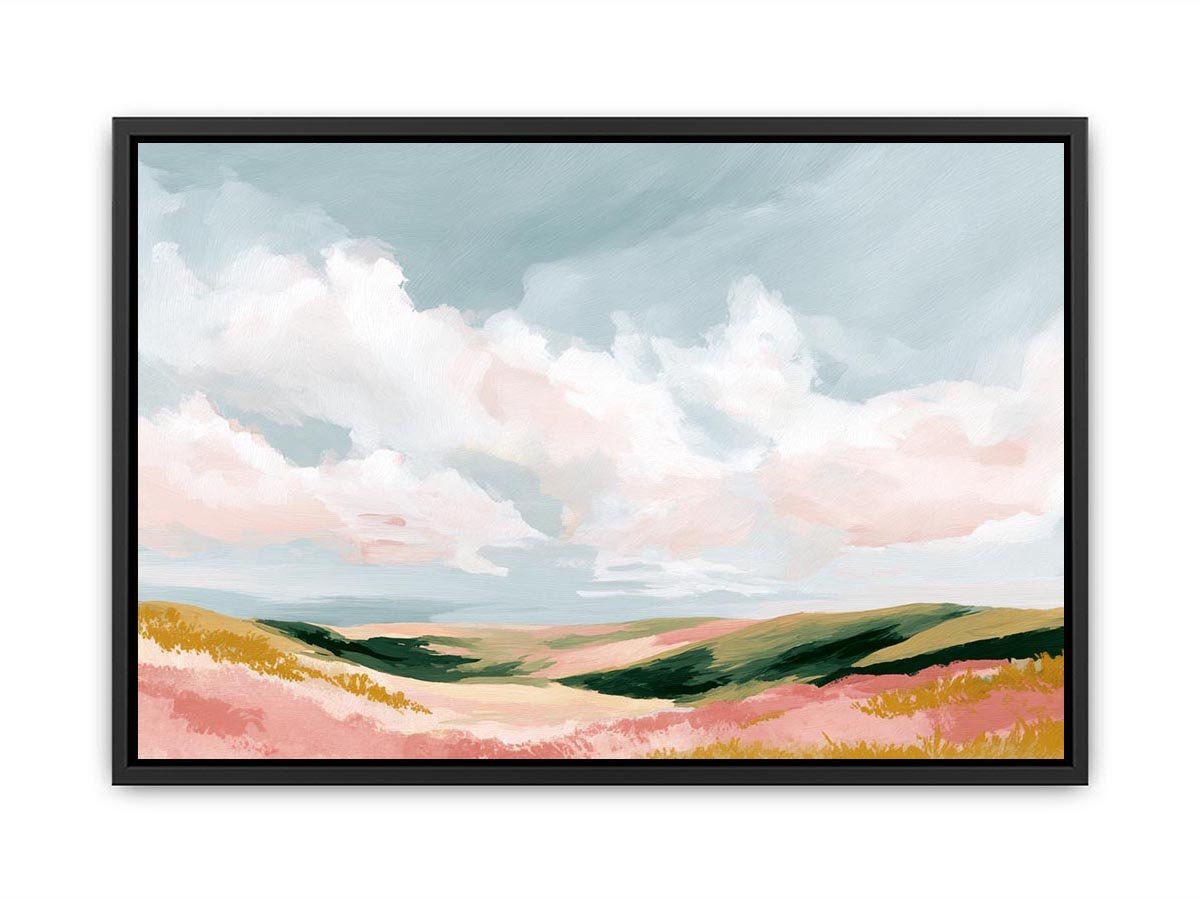 Pastel landscape artwork with rolling hills and clouds for modern bedroom decor