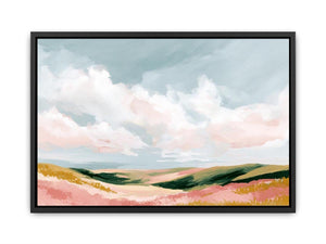 Pastel landscape artwork with rolling hills and clouds for modern bedroom decor