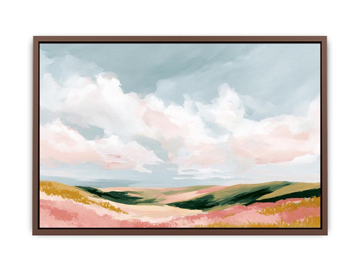 Pastel landscape artwork with rolling hills and clouds for modern bedroom decor