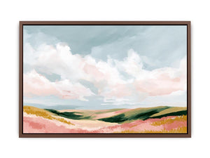 Pastel landscape artwork with rolling hills and clouds for modern bedroom decor