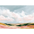 Pastel landscape artwork with rolling hills and clouds for modern bedroom decor