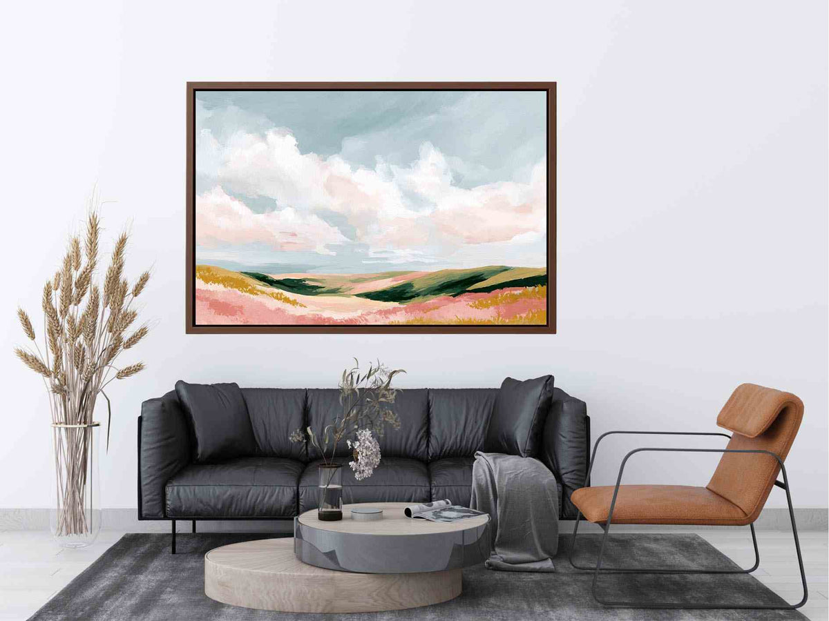 Pastel landscape artwork with rolling hills and clouds for modern bedroom decor