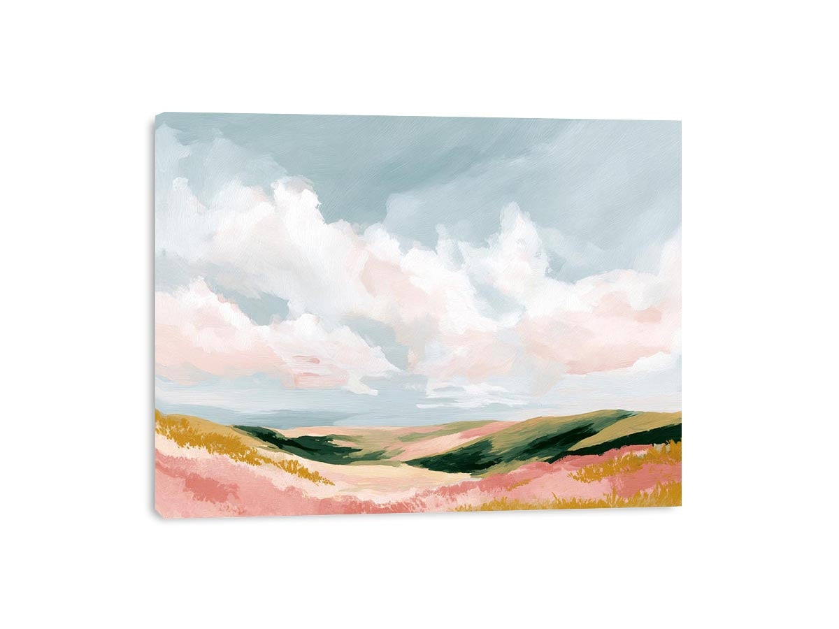 Pastel landscape artwork with rolling hills and clouds for modern bedroom decor