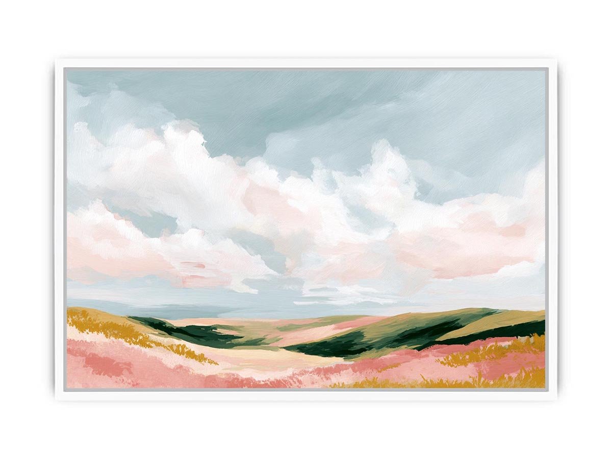 Pastel landscape artwork with rolling hills and clouds for modern bedroom decor