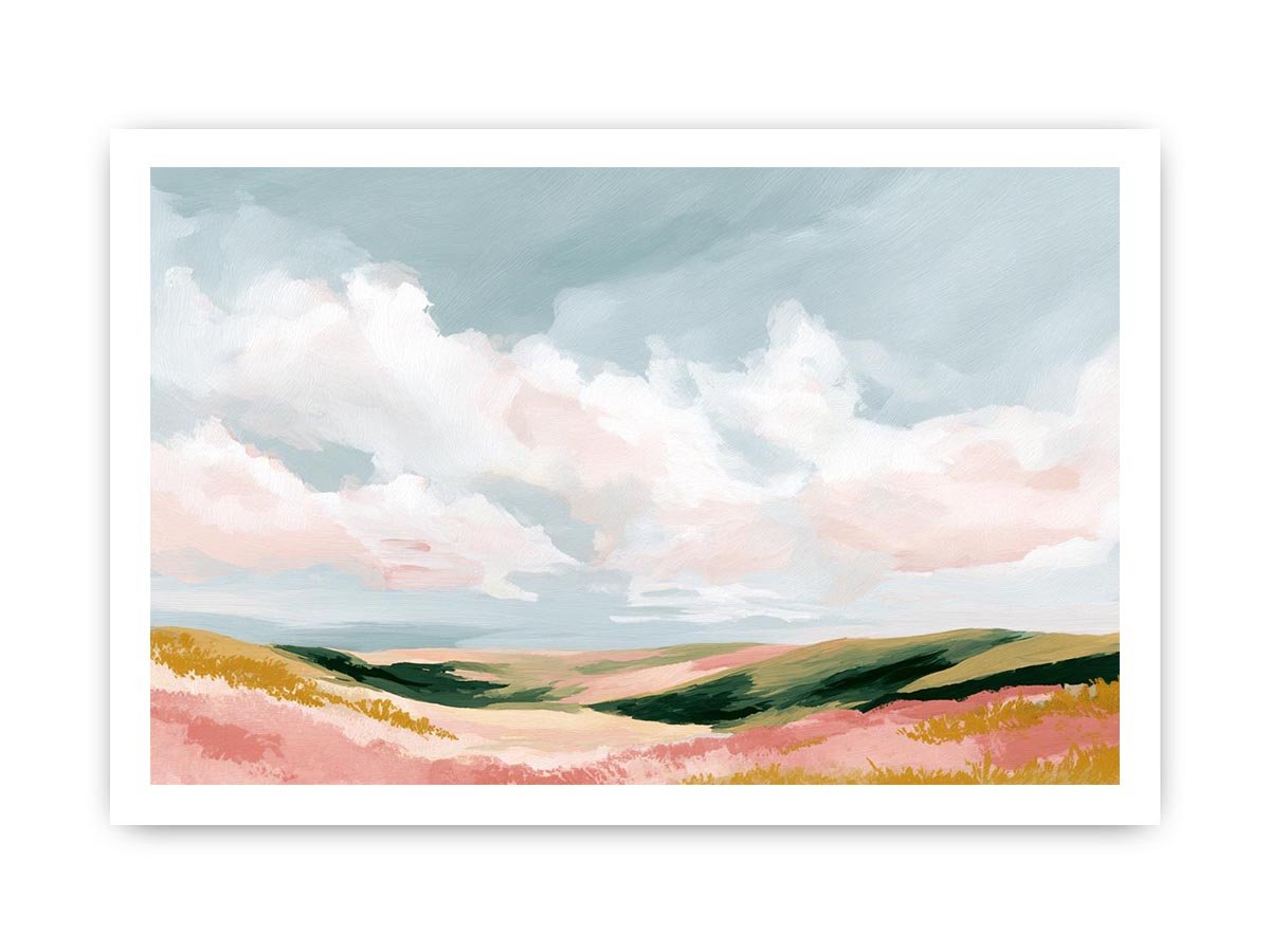 Pastel landscape artwork with rolling hills and clouds for modern bedroom decor