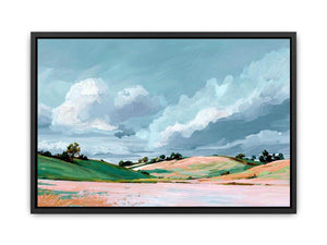 Countryside landscape painting with dramatic clouds for modern living room wall decor