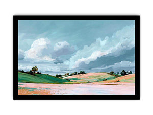 Countryside landscape painting with dramatic clouds for modern living room wall decor