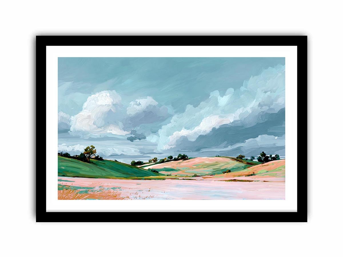 Countryside landscape painting with dramatic clouds for modern living room wall decor