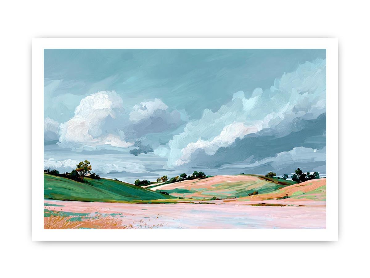 Countryside landscape painting with dramatic clouds for modern living room wall decor