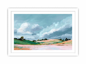 Countryside landscape painting with dramatic clouds for modern living room wall decor