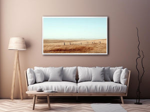 Prairie landscape photography with golden grass and fence for modern farmhouse decor