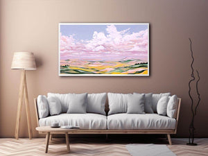 Colorful pastel landscape artwork with clouds for luxury living room decor