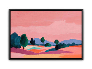 Modern colorful landscape with trees and pink sky for contemporary living room decor