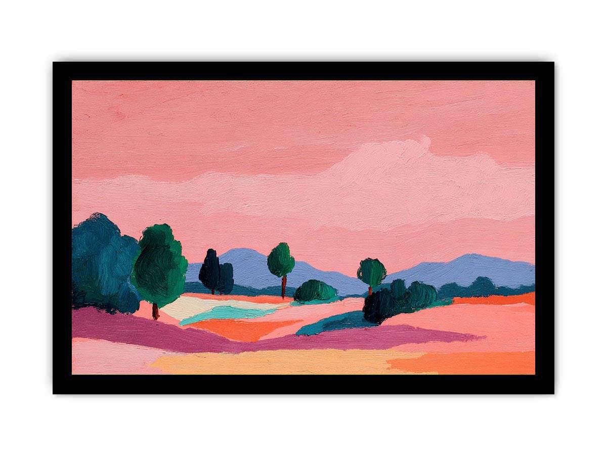 Modern colorful landscape with trees and pink sky for contemporary living room decor