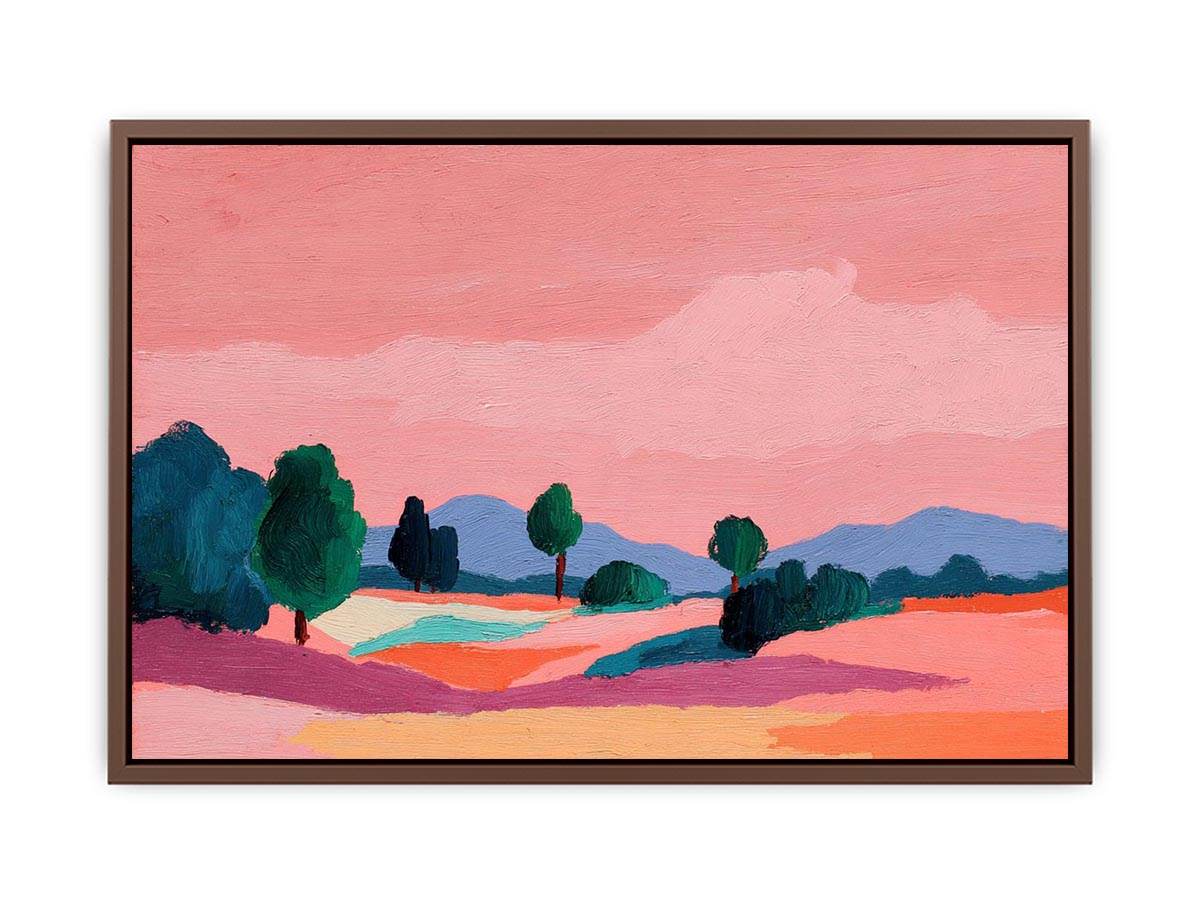 Modern colorful landscape with trees and pink sky for contemporary living room decor
