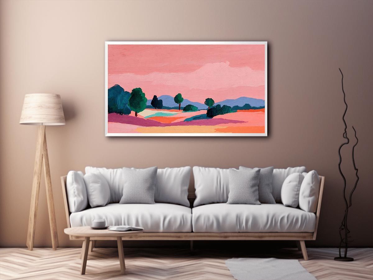 Modern colorful landscape with trees and pink sky for contemporary living room decor
