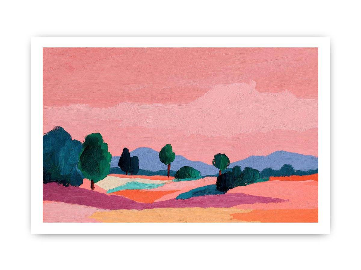 Modern colorful landscape with trees and pink sky for contemporary living room decor