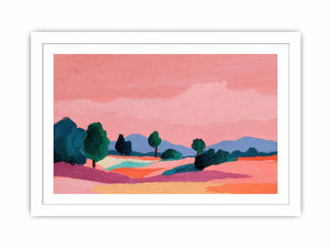 Modern colorful landscape with trees and pink sky for contemporary living room decor