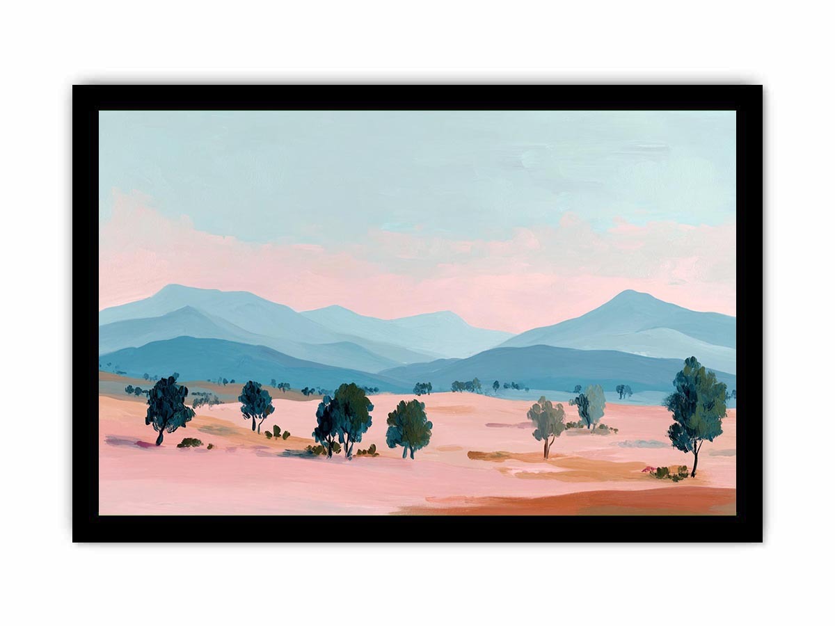 Pastel mountain landscape canvas art with blue peaks and trees for modern living room decor