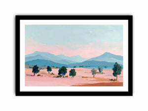 Pastel mountain landscape canvas art with blue peaks and trees for modern living room decor