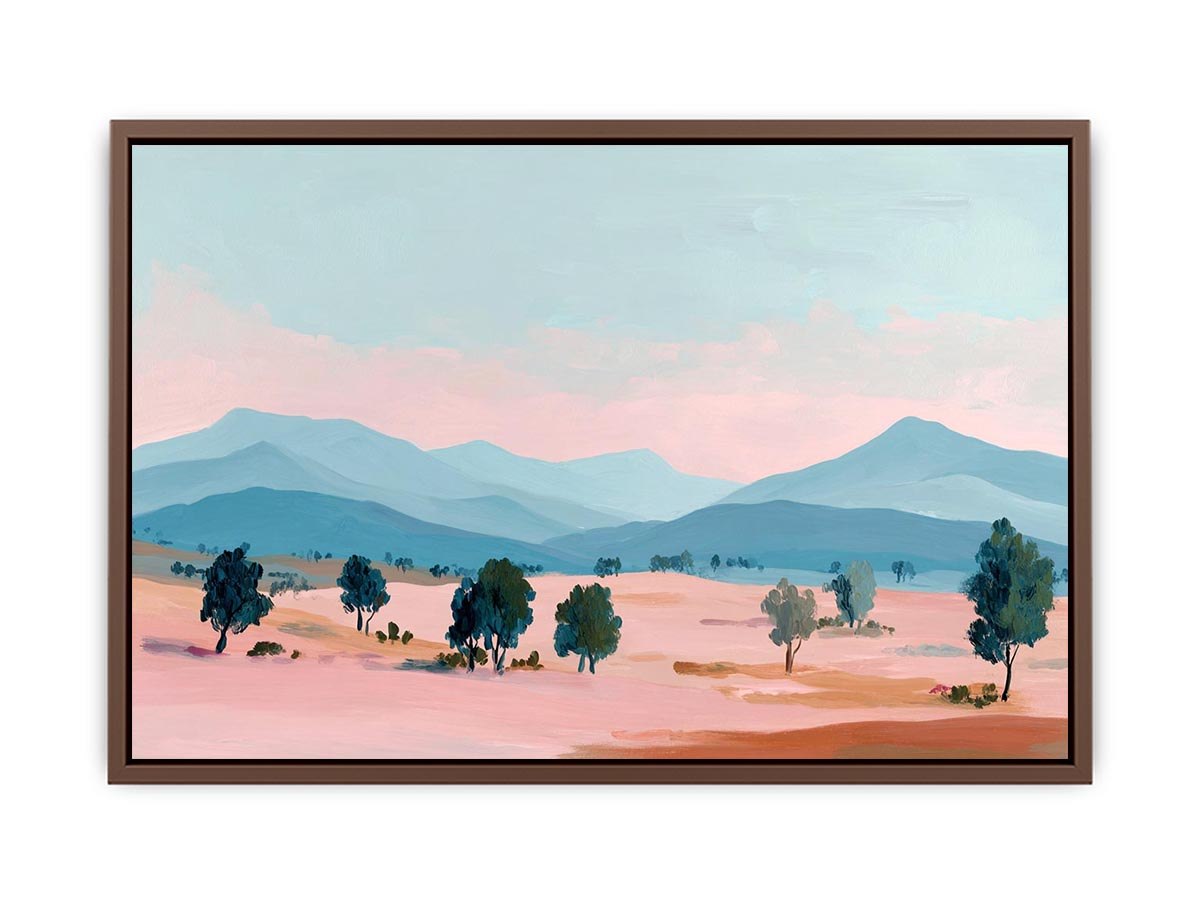 Pastel mountain landscape canvas art with blue peaks and trees for modern living room decor