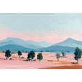 Pastel mountain landscape canvas art with blue peaks and trees for modern living room decor