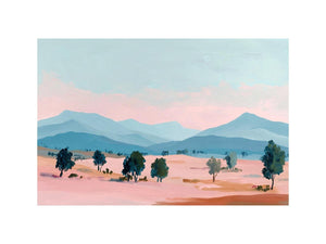 Pastel mountain landscape canvas art with blue peaks and trees for modern living room decor